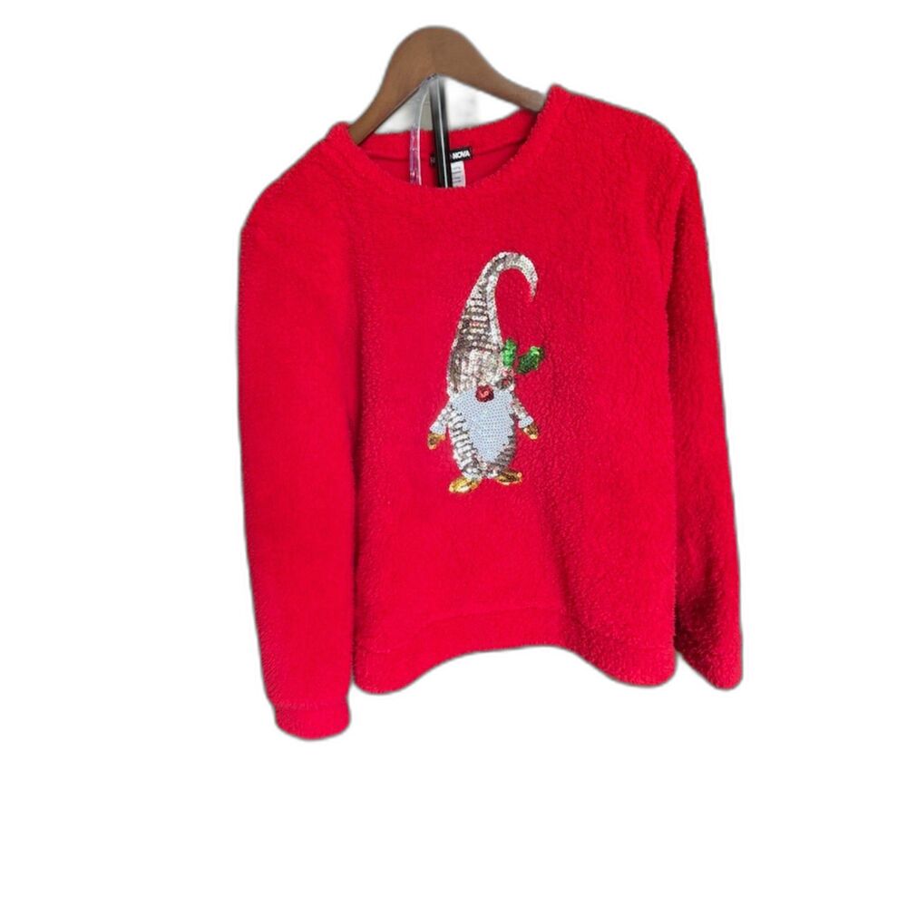 Fashion Nova Red Sherpa Christmas Gnome Sweater Size Small Sequin Holiday